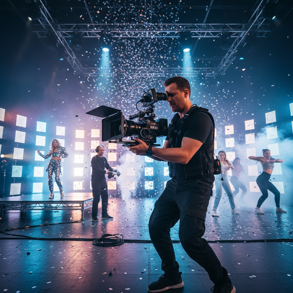 Image A cameraman holds a RED cinema camera while shooting a scene for a music video 1
